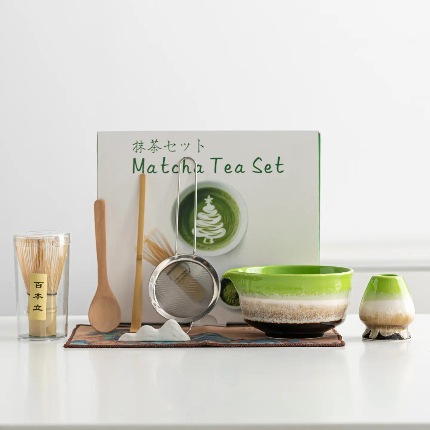 Japanese Matcha Tea Set Complete Matcha Kit with Ceramic Matcha Bowl, Bamboo Whisk, Sifter, Spoon, Traditional Matcha Making Tools Gift Box for Home