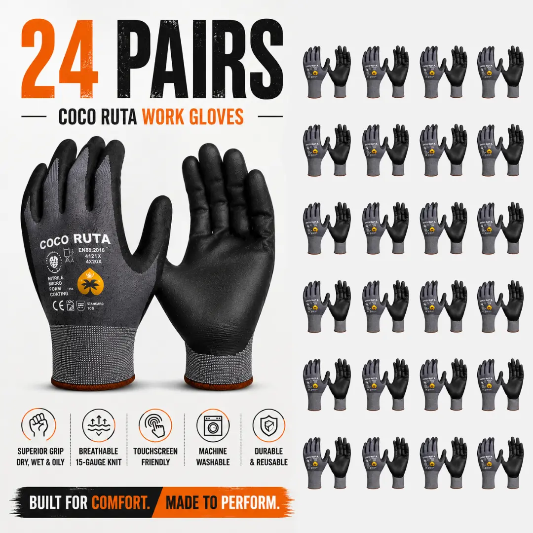 24 Pairs COCO RUTA Gloves 34- 874 Safety Gloves | Guantes Para Trabajo - Coco Ruta Gloves For Men Nitrile Micro Foam Grip Palm Comfortable Fit Construction Gear