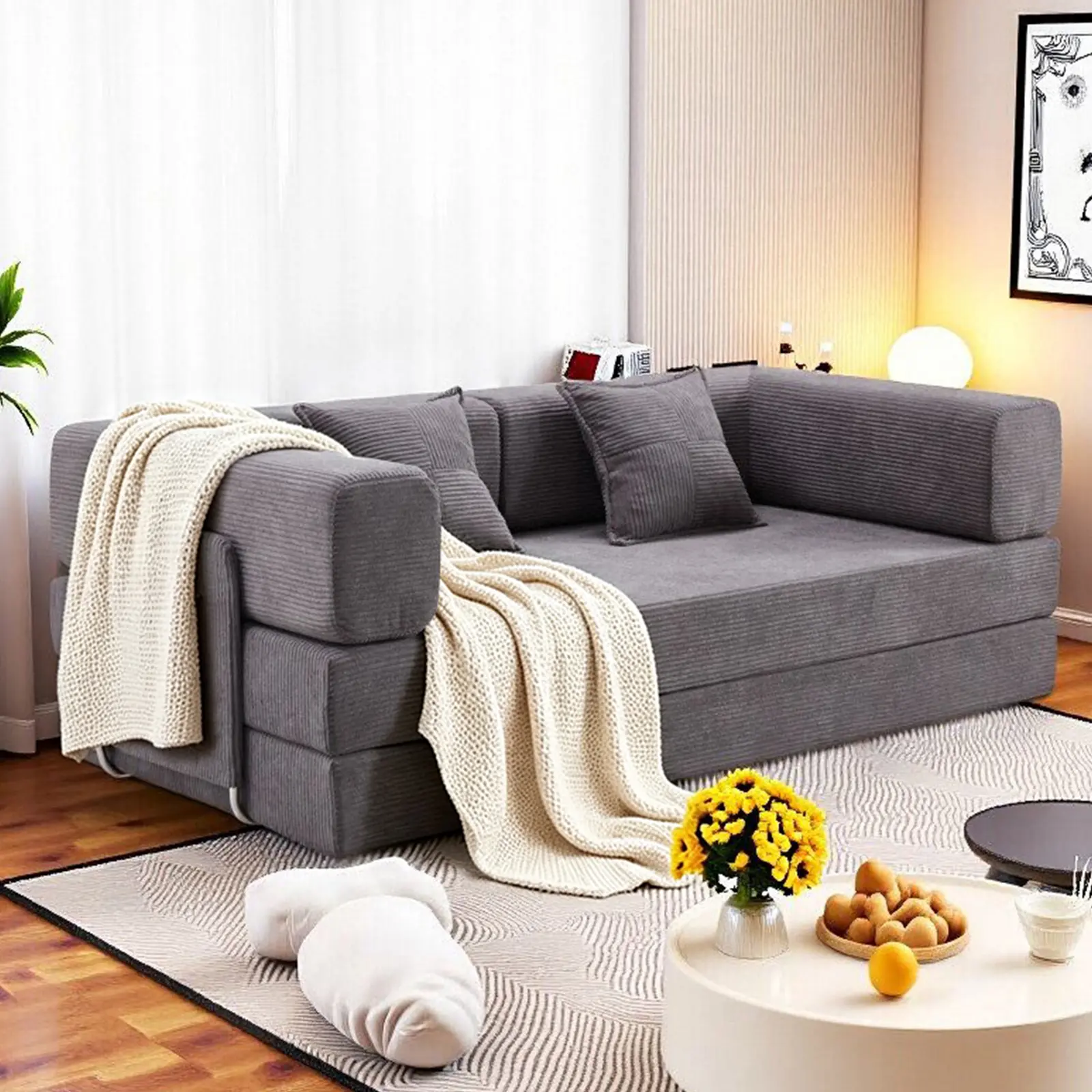 78-inch modular corduroy sofa bed, a multifunctional casual sofa that can be freely combined, includes throw pillows, a steel fixed frame, soft corduroy fabric, wear-resistant and scratch-resistant, suitable for living rooms and bedrooms.