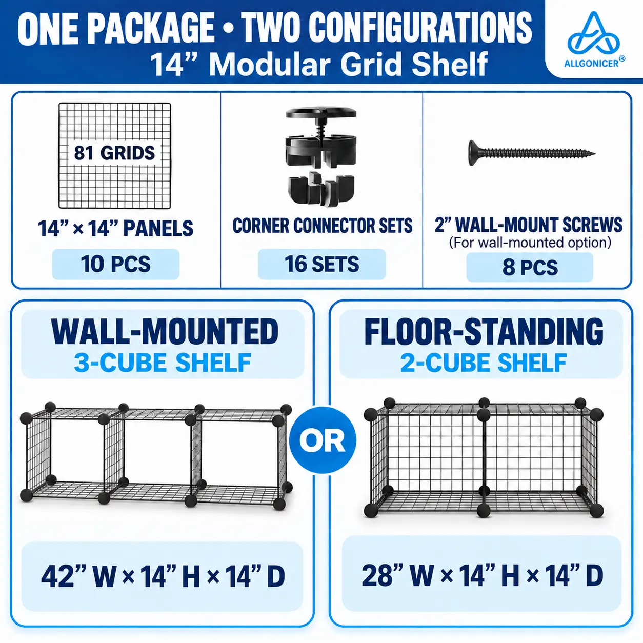 AllGoNicer Modular Wire Cube Storage Organizer, Interlocking Stackable Shelves for Floor or Wall Use, 2- or 6-Cube Sets