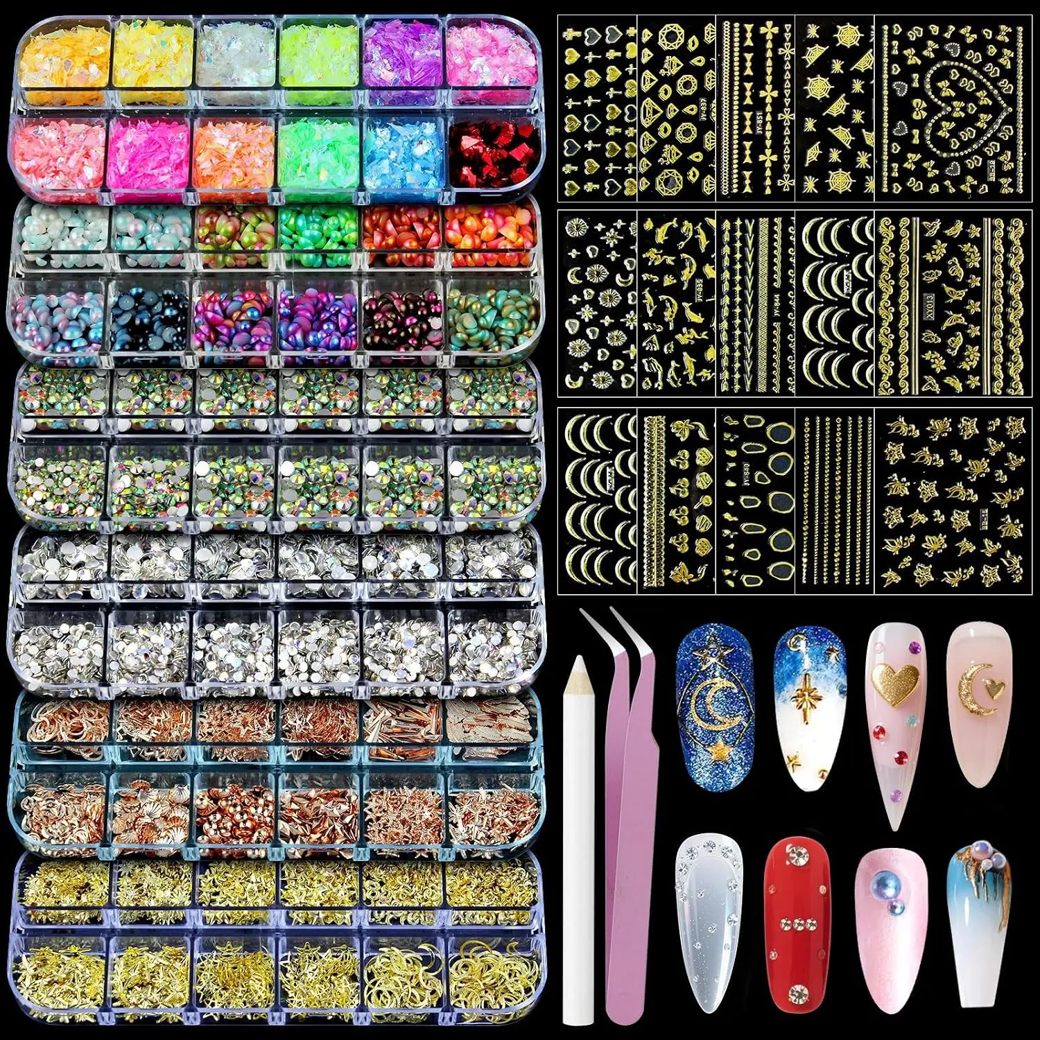 Nail Art Glitter Studs Kit, 6 Boxes Multicolor and Design 3D Charms with 15 Sheets Gold Nail Stickers, Diamond Cute Nail Jewels for DIY Decoration with Pickup Tools