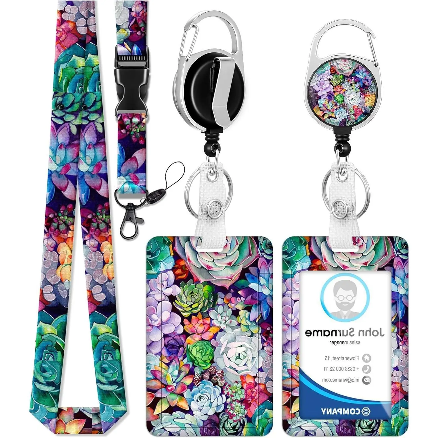 BY-340 Vertical Colorful Succulent Print ABS Plastic ID Badge Holder - 22.5" Detachable Lanyard, 23in Retractable Reel Clip, Protector, Buckle - Aesthetic and Practical Everyday Fashion Accessory for Medical Staff, Succulent Plants, Doctors, Printed, 22.5