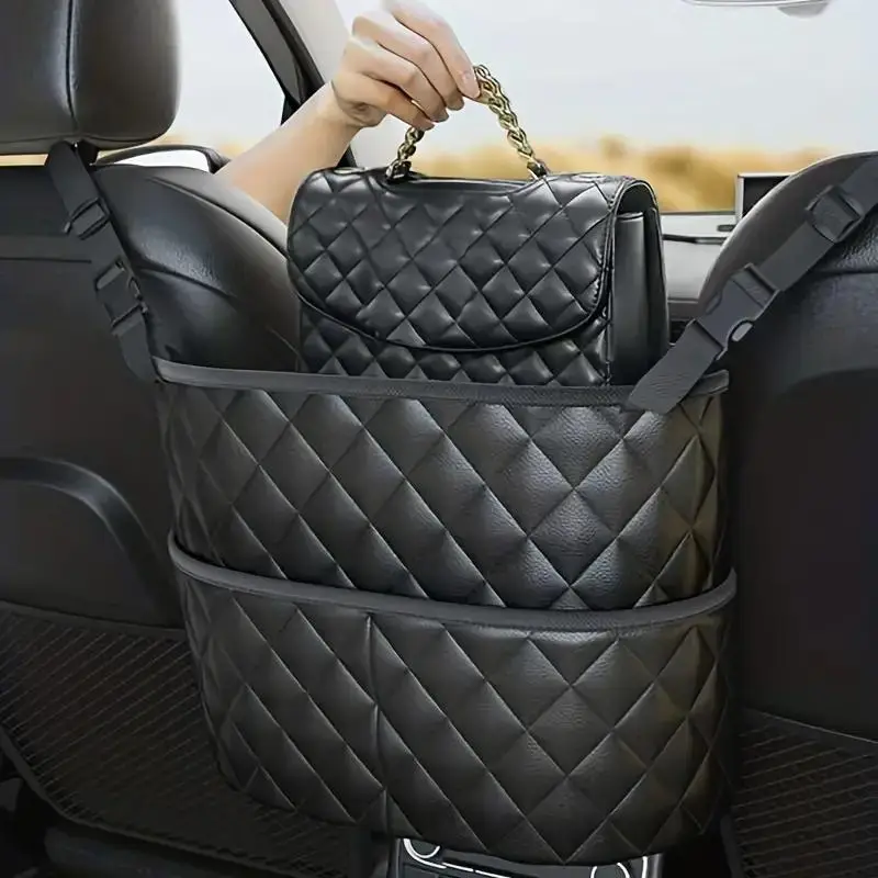 Car Seat Back Storage Bag, Large Capacity Quilted PU Leather Organizer with 3 Pockets, Large Capacity Storage Bag, Car Purse Handbag Holder Between Se