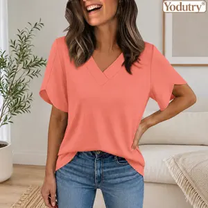 Yodutry|V-Neck Split Sleeve Blouse Loose Fit Casual T-Shirt Flowy Split Short Sleeve Top Soft Knit Basic Tee Curved Hem Casual Blouse Versatile Everyday V-Neck Shirt Breathable Split Sleeve Tunic Relaxed Fit Flowy Top
