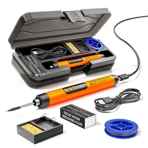 Cordless USB Rechargeable Portable Soldering Iron Kit (Orange) - 3-Speed Temperature Adjustable, Heating Core, Soldering Cord, Rosin, Stand, Storage Case