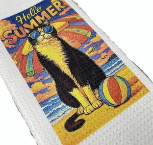 Summer Theme Cat  Kitchen Towels-Adorable Cat Designs for the Beach-Inspired Coastal Décor & Everyday Use - High-Quality Waffle Weave Dish Towel for Drying Dishes Hands or Paws