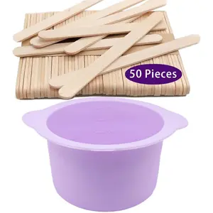 14oz Purple Reusable Non-Stick Silicone Wax Pot Liner Replacement for Wax Bowl Warmer with 50 Pcs Waxing Sticks for Body Hair Removal