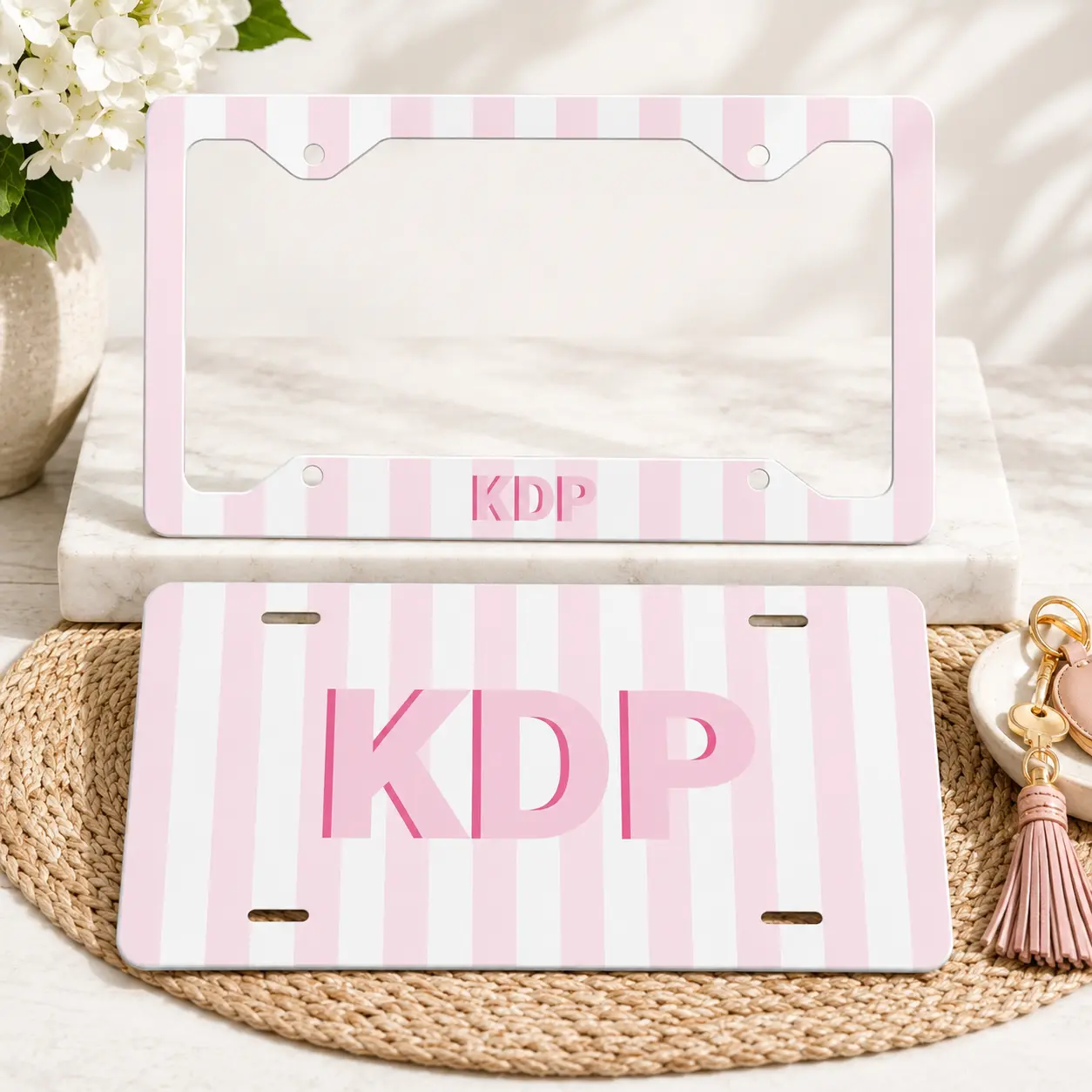Personalized Pink Striped Monogram License Plate & Metal Frame Set, Custom Initial Car Tag, Preppy Auto Accessory, Gift for Her