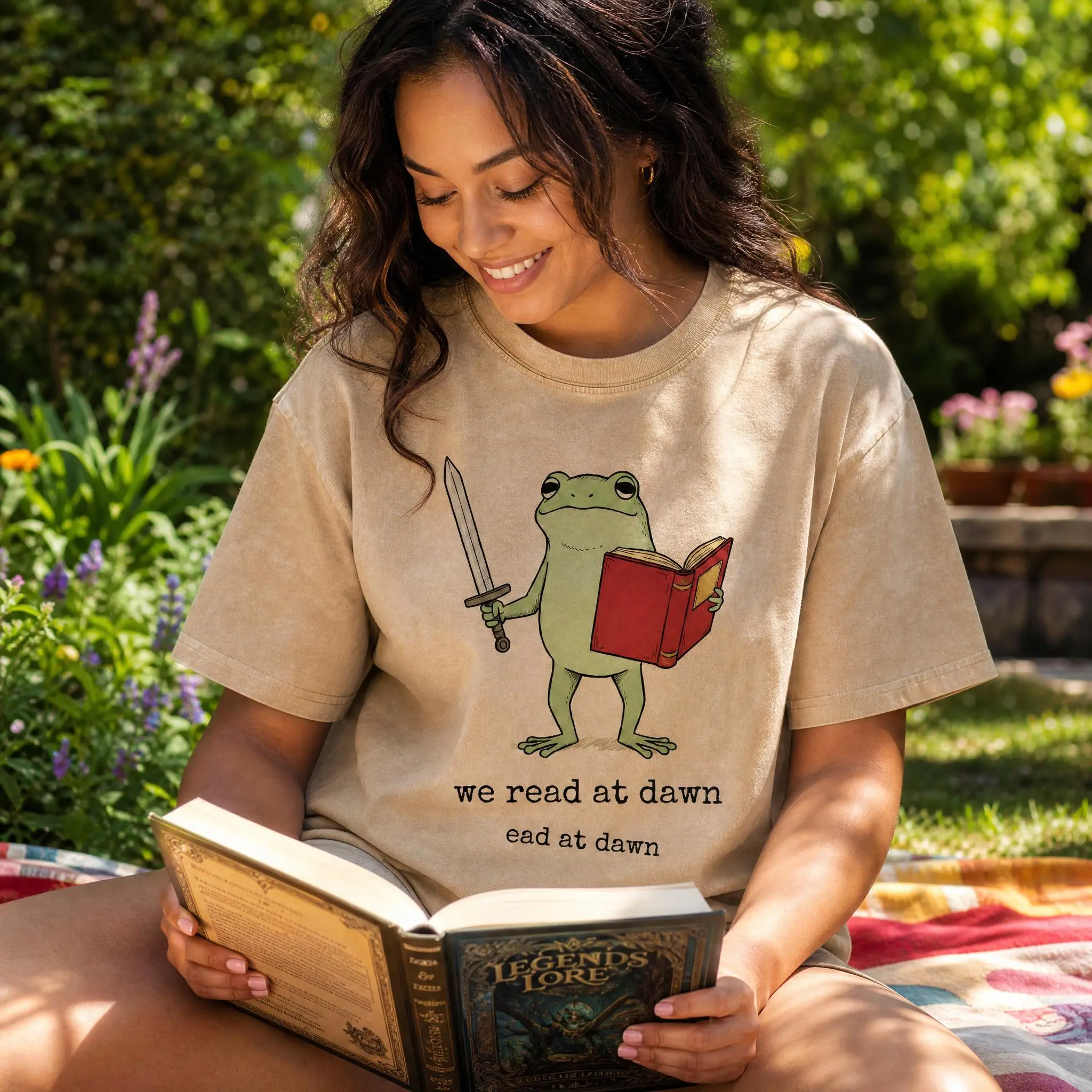 Frog With Sword and Book Graphic Tee We Read at Dawn Bookworm Shirt For Women