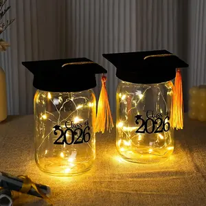 Graduation Centerpieces for Tables Decorations 2026, 2 count Glass Mason Jar with Cap Light for High School College Graduation Party Gifts