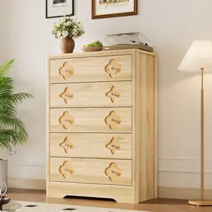 Garvee 5 Drawer Tall Dresser for Bedroom, 45'' Boho Chest of Drawers, Wooden Chest with Clothes Storage Cabinet, Decorative Drawer Front Organizer for Bedroom, Living Room, Hallway, Natural Oak