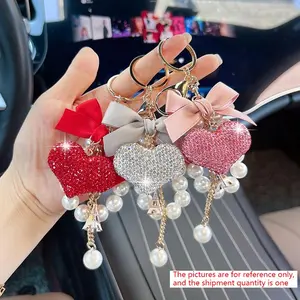 Fashion Bow Pearl Chain Keychain Jewelry, Rhinestone Heart Design, Elegant Ladies Bag Charm, Perfect Gift Decoration Accessory, Bling Bling Keychains, Fashionable Alloy Keychain