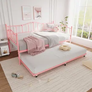 Twin Metal Modern Platform Daybed with Trundle - Metal Build, Pullout Trundle, Headboard, Steel Slat Support - No Box Spring Needed Sofa Bed Frame for Living Room, Bedroom - Pink, Modern Platform Bed
