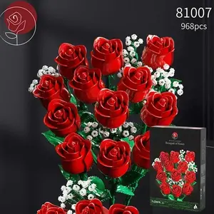 968PC Romantic Rose Bouquet Building Blocks Creative Home Office Desk Plant Decoration Artificial Bouquet Assembly Building Blocks Toy Gifts for Girls and Women Mother's Day, School Season, Birthday Gifts