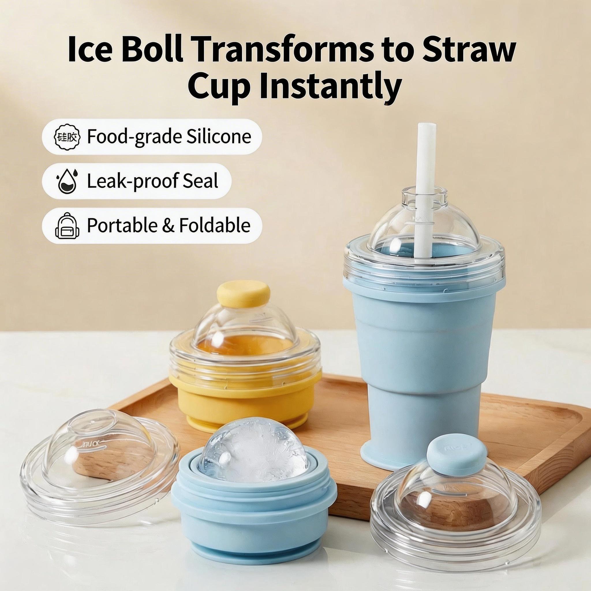 Portable Foldable Ice Ball Cup with Straw – Silicone, Food-Grade Ice Maker Mold, Summer On-the-Go Tumbler