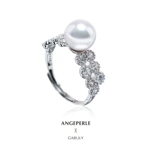 ANGEPERLE S925 Silver Akoya Seawater Pearl Ring 8-9mm BPJCY866