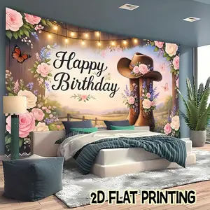 2D flat banner 1pc party Festival banner Western cowgirl theme with boots wreaths and Happy Birthday text Theme scene-Multi functional decoration suitable for festivals, courtyards, studios, homes, and garden celebrations - the perfect holiday gift