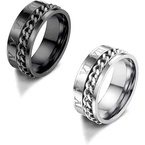 THUNARAZ 2 Pcs Black Silvery Exquisite Thumb Rings for Women Men Punk Cool Stainless Steel Spinner Chain Rings Vintage Biker Gothic Rings Delicate Roman Numerals Rings for Wedding Engagement