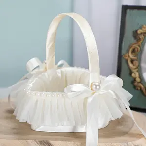 Wedding Decorations Heart-Shaped Handbag Basket, Blue Petal Flower Girl Basket, Party Supplies for Weddings and Events