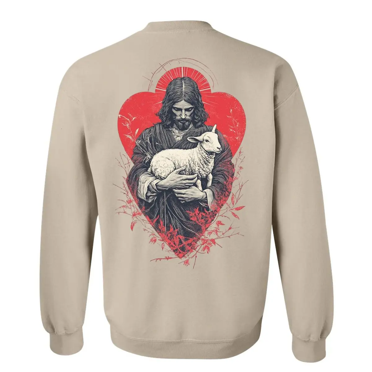Christian Jesus Holding Lamb Sweatshirt, Faith Based Oversized Crewneck with Sacred Heart Design, Religious Streetwear for Men & Women, Perfect Christmas Gift for Believers