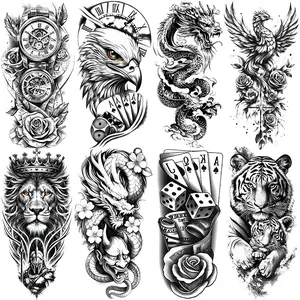 8 Animal Pattern Waterproof Temporary Tattoo Stickers, Large Half Arm Tattoos, Lion, Tiger, Eagle, Dragon, Party, Festival, Daily Wear, Temporary Fake Tattoos