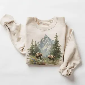 Vintage Grizzly Bears Summer Wildflower Scene Sweatshirt - 90s Bear Mountain Nature Gift - Wildlife Watcher - Boho Unisex Crewneck Sweatshirt