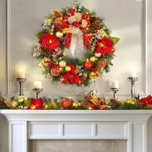 30" Battery Operated Christmas Wreath with Lights - Large Outdoor Wreath with Ball Ornaments & 40 LED Lights for Front Door & Holiday Parties