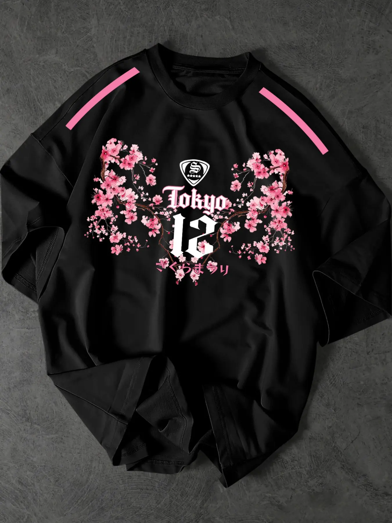 Black Pink Sakura Bloom 12 Number Graphic Print Oversized Round Neck Short T-shirt, Tokyo Aesthetic Y2K Streetwear Tee, Breathable Casual Daily Top for Alt Fashion & Blokette Style Outfits