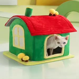 Cat Bed Indoor Enclosed Warm Cave with Removable Mat Ample Space Comfortable Soft Pet House in Red Green Colors Universal for All Seasons