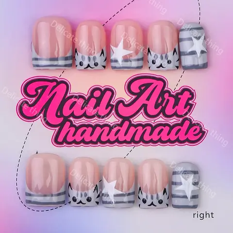 Delicatething Y2K Style Handmade Nail Art Set, 10pcs Fake Nails with Jelly Glue, Nail Cuticle Stick and Nail File, XS / S / L Sizes, Perfect for Parties