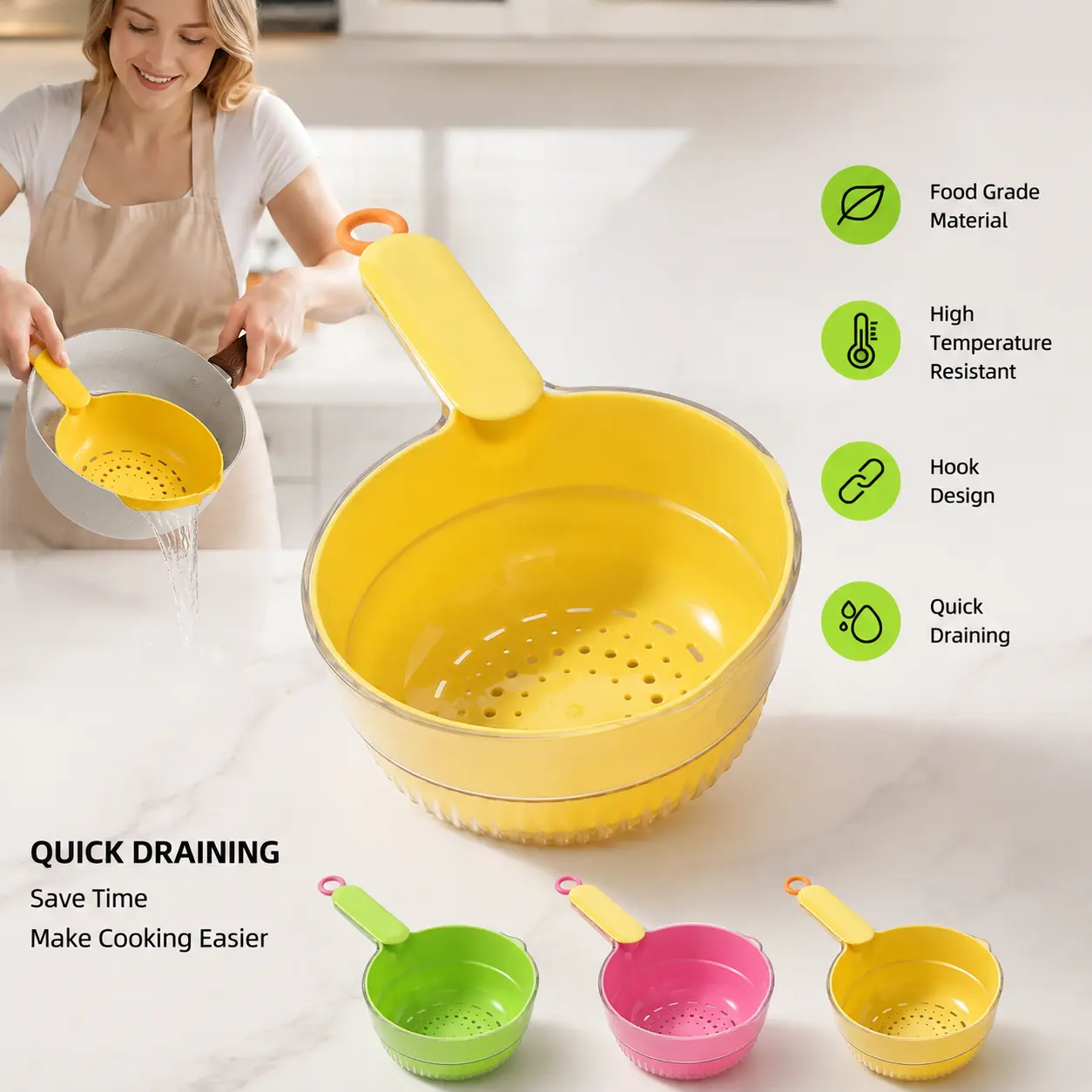 1 Count, Double Layer Kitchen Colander with Handle, High Temperature Resistant, Hanging Hole Design for Food Draining and Straining in Daily Kitchen Use
