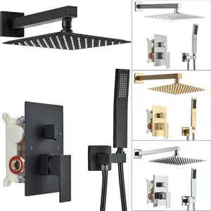 Senlesen Black Shower Faucet Set Square Rainfall Shower Head and Handle Set Wall Mounted Shower Fixtures Bathroom Shower System Combo With Shower Valve