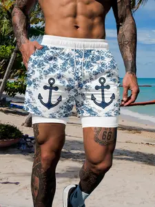 Men's Blue Anchor Pattern Beach Shorts, Swimwear Shorts, Double Layer Anti-Slip, Casual Sportswear Swim Trunks, Drawstring Waist, All over Print