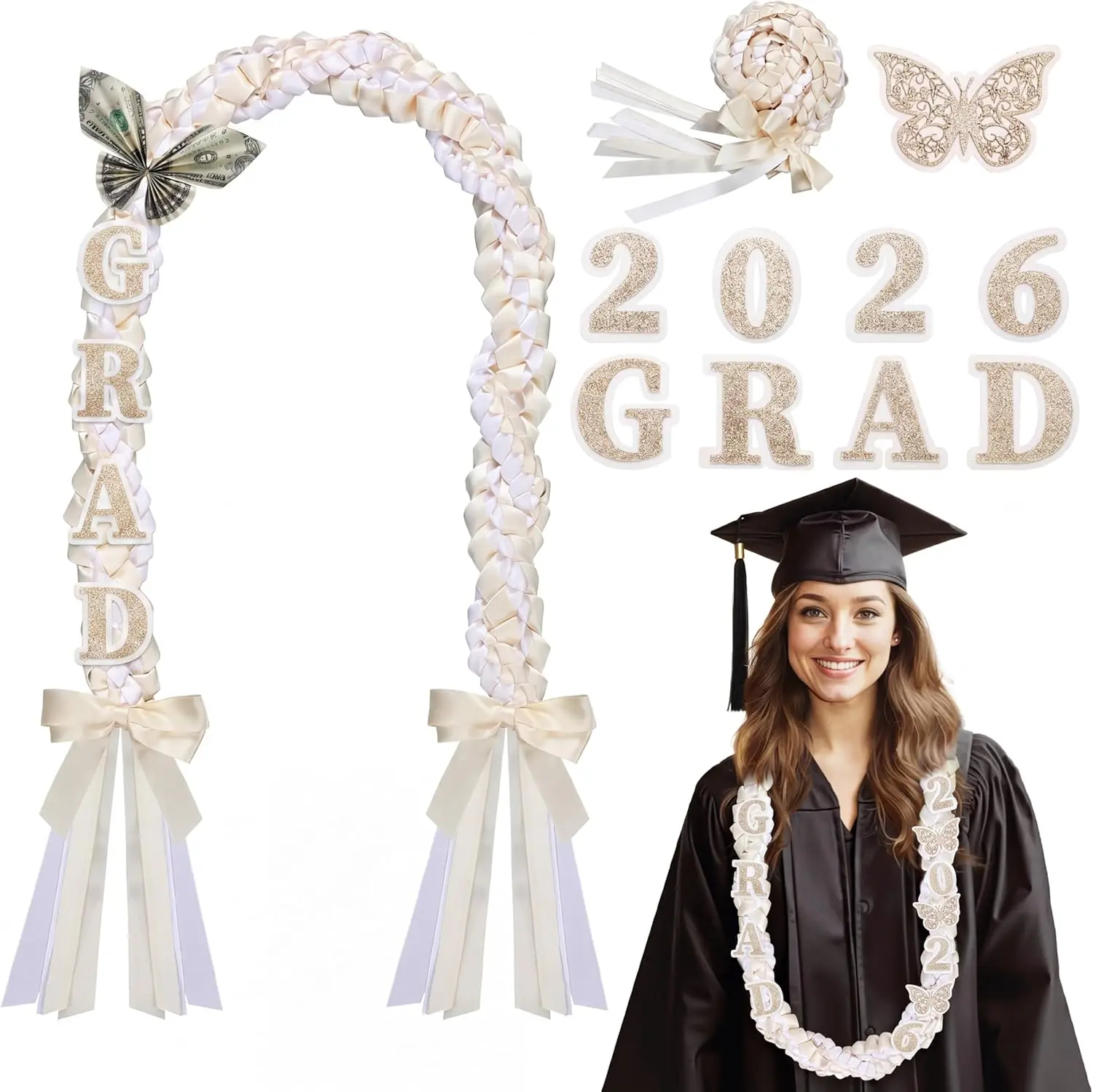 Suncalla 63 Graduation Leis 2026 Set Graduation Ribbon Lei with Letter and Honor Cords DIY Class of 2026 Gift for Women Men Grad Party(Open)