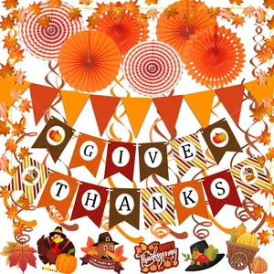 Give Thanks Pumpkin Maple leaf Paper Banner Triangle Flag Bunting Maple Leaf Hanging Garland Paper Fan Flower Swirl Streamers for Thanksgiving Day Party Decoration