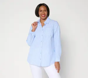 Joan Rivers Regular Stretch Seersucker Boyfriend Shirt w/ Button Side