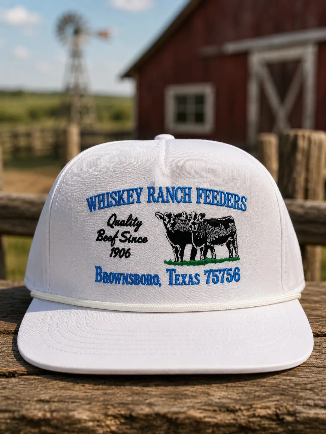 Whiskey Ranch Feeders Vintage Ranch Rope Hat, Embroidered Western Cattle Logo Snapback Cap, Structured High Crown Flat Bill Country Cowboy Hat