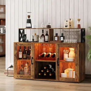 Wine Bar Cabinet With LED Light  Industry Coffee Bar Cabinet With Wine Rack  Glass Holder  And Power Outlets  Kitchen Sideboard Buffet Cabinet For Living Room Dining Room Brown