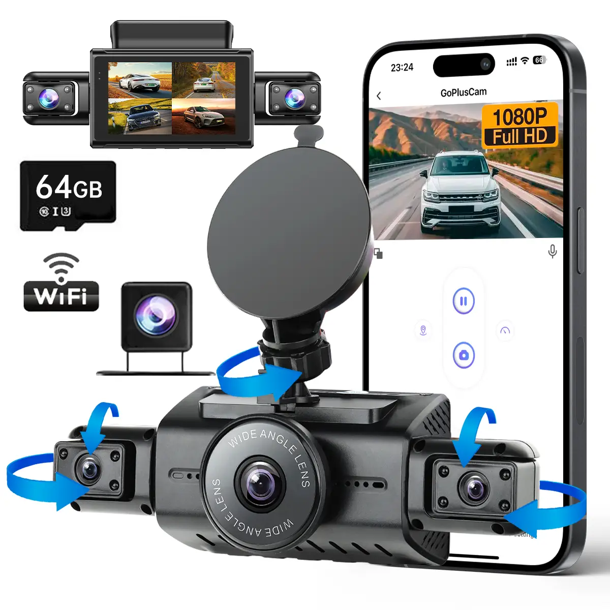 4-Lens Car Camera with 64GB Memory Card, Car DVR 3.0 Inch Night View Car Recorder, Wifi Car Dashcam, 1 Set 360° Swivel Camera, Car Accessories