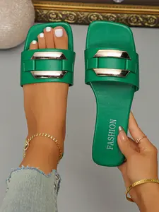 Women's PU Leather Flat Sandals, Summer Beach Shoes, Plain Pattern, Rubber Sole, Contemporary Art Style, Casual Footwear, Fashionable Footwear