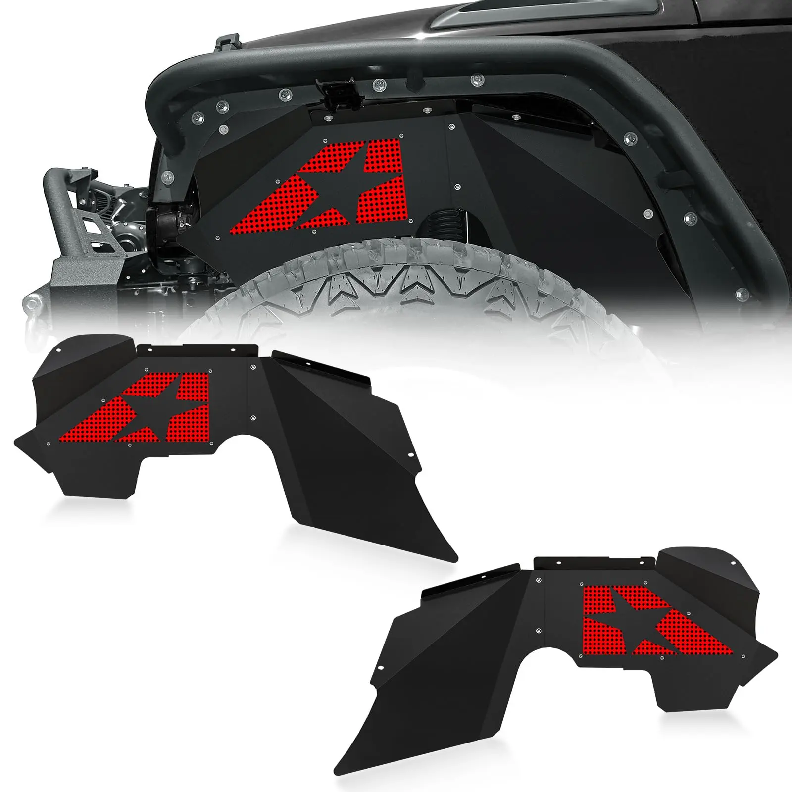 【Yzona】Front Inner Fender Liners - Car Accessories, Vehicle Accessories - Bolt-On Style Steel Wheel Well Cover Mud Guards Compatible with 2007-2018 Jeep Wrangler JK & JKU Unlimited Sport Sahara Rubicon (2/4 Doors), Accessories For Car