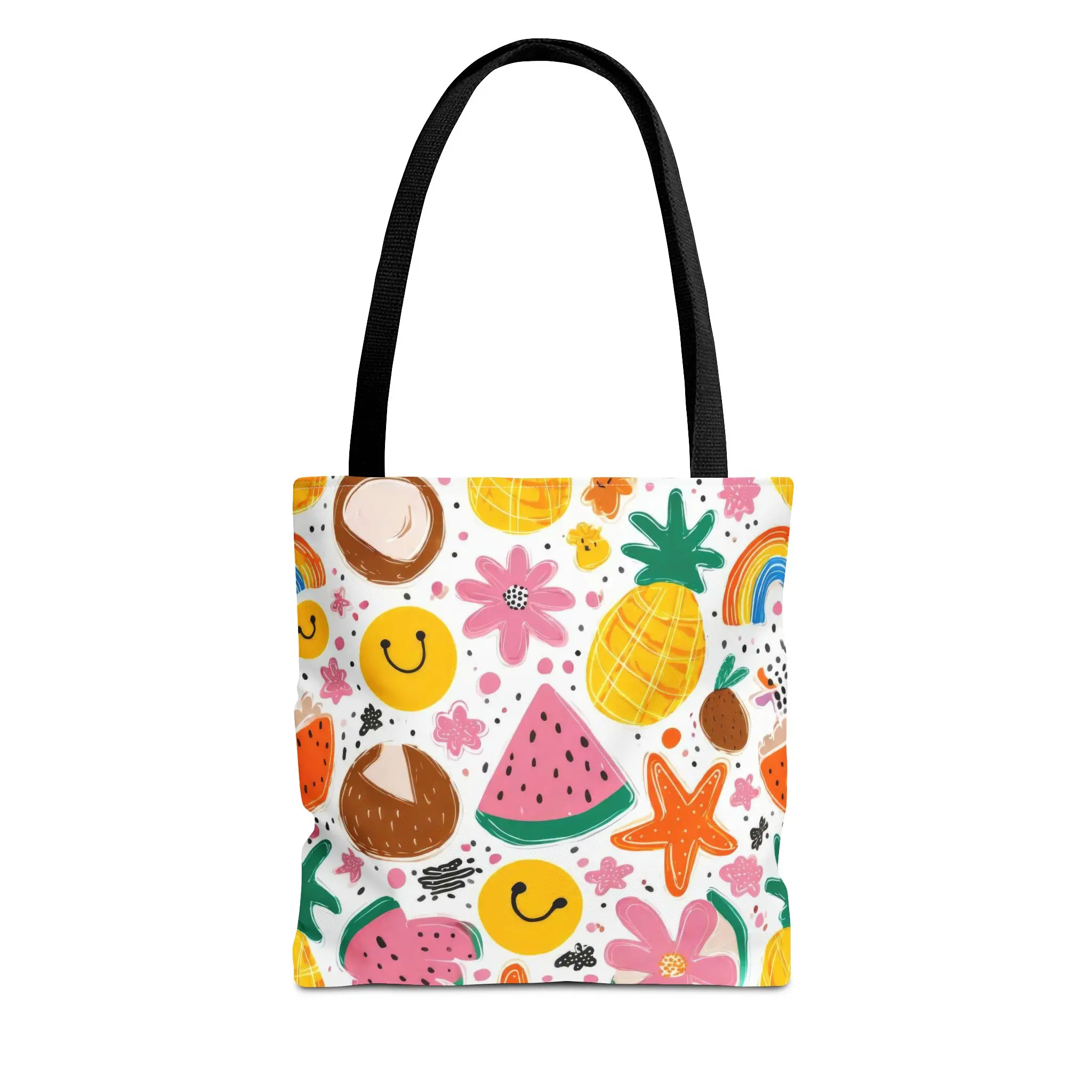 Tropical Fruit Pattern Tote Bag | Pineapple Watermelon Coconut Smiley