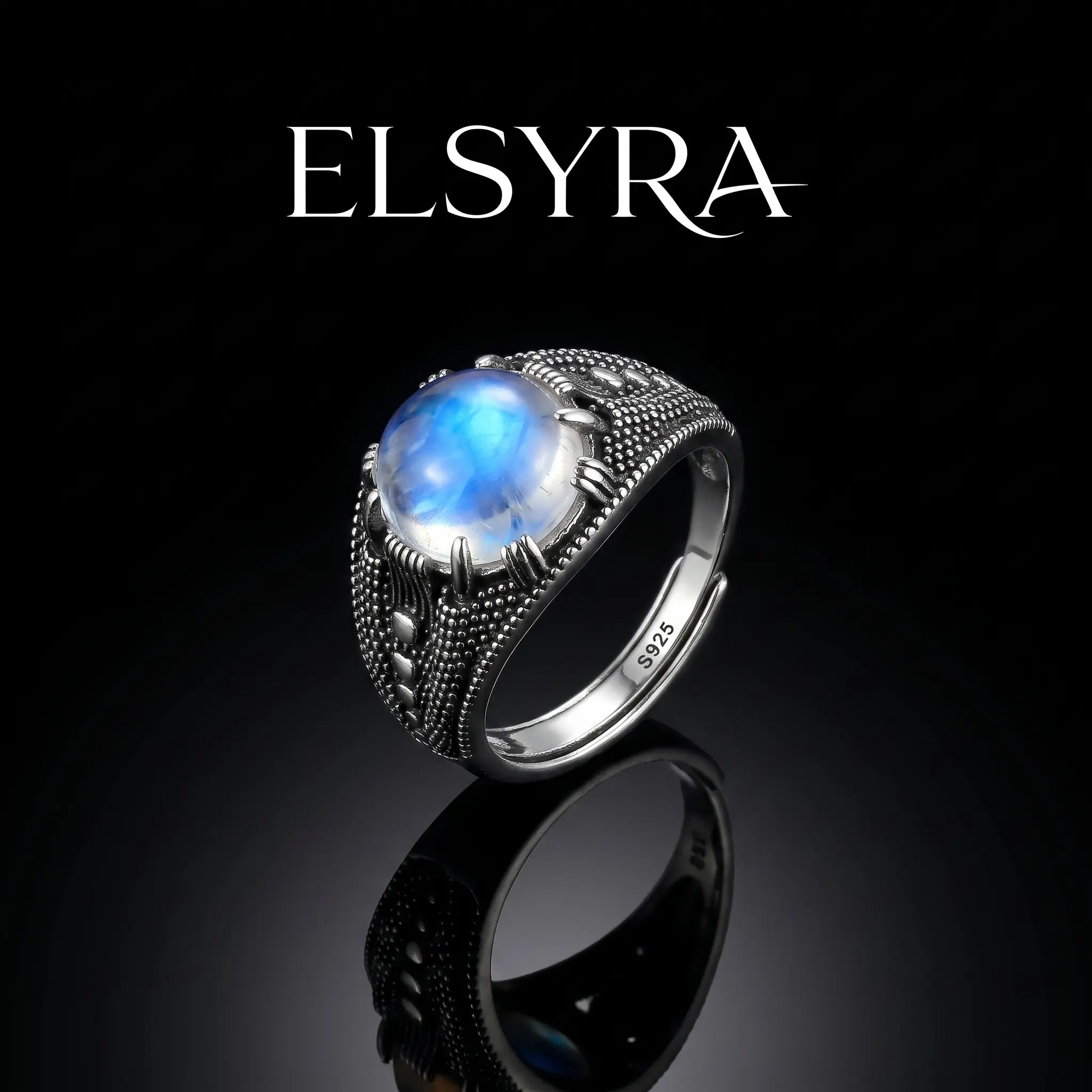 ELSYRA Natural Moonstone S925 Sterling Silver Vintage Statement Ring, Unisex Gothic & Boho Style Jewelry for Men & Women, Perfect for Daily Wear, Parties & Gifting