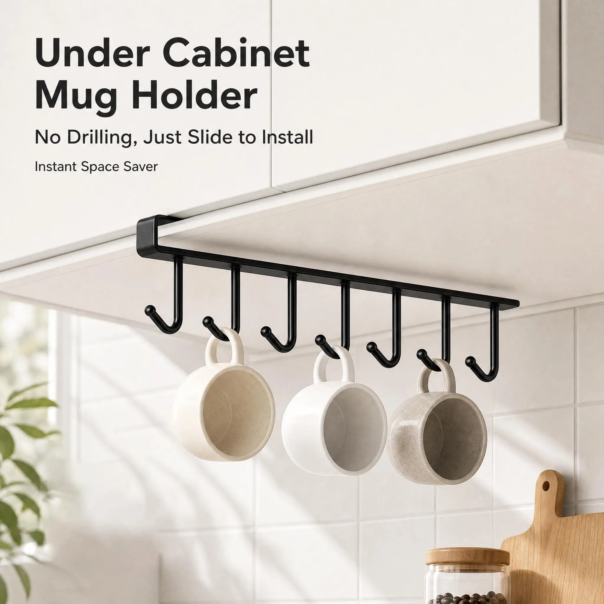 Iron Hangable Under-Cupboard Shelf Hook Rack - 1 Pack, 6 Hooks, Drilling-Free, Cup Holding, Daily Use Kitchen Utensil Storage Organizer (Black),sohochic