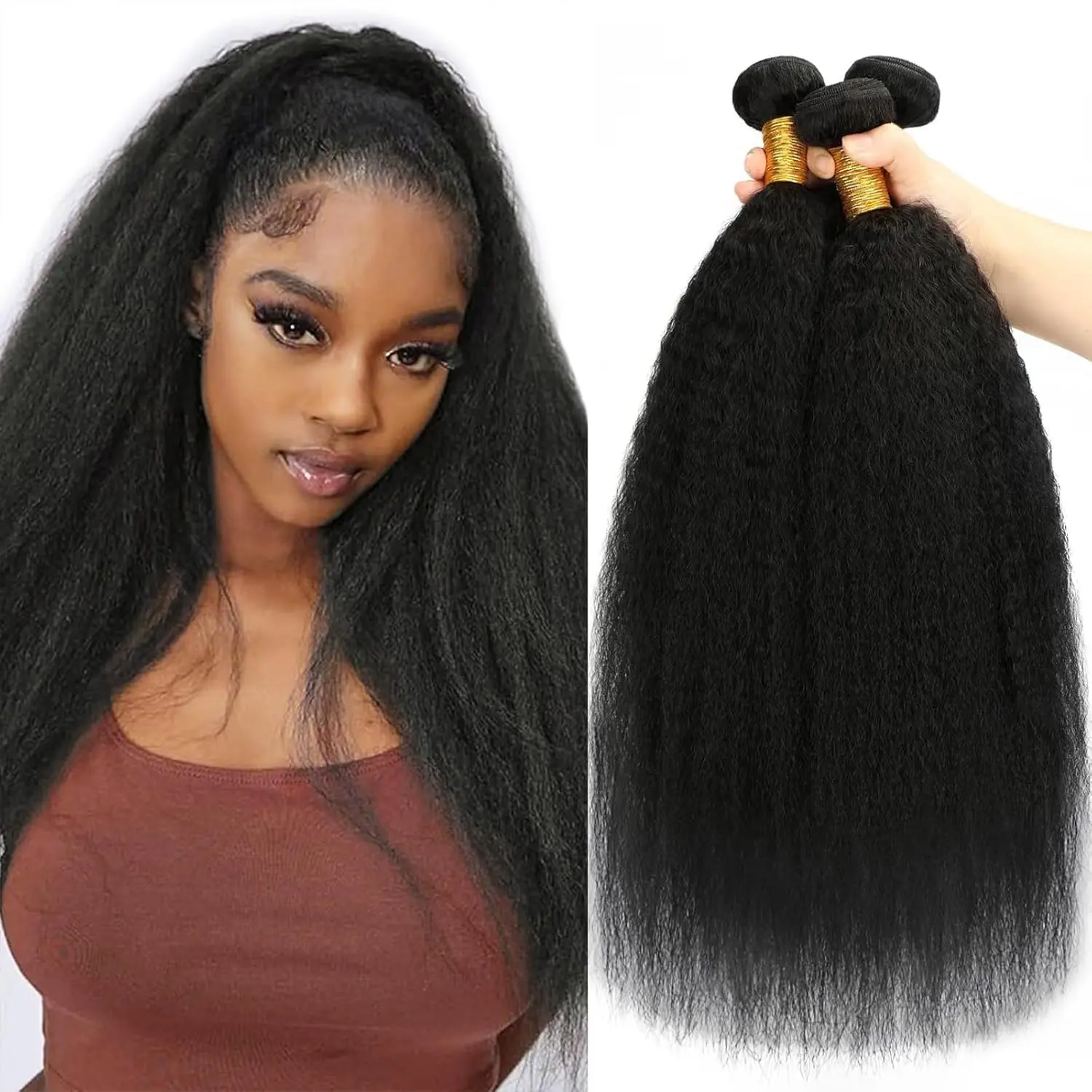 Kinky Straight Bundles Human Hair Yaki Straight Human Hair 3 Bundles Unprocessed Brazilian Virgin Remy Hair Yaki Straight BundlesFor Black Women Natural Black Color