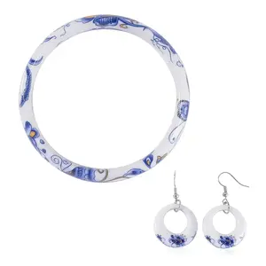 Ceramic Stainless Steel Earrings Bangle Cuff Bracelet Set for Women Jewelry .5" Birthday Christmas Gifts for Women