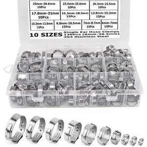130 count 1/4" - 1-1/8" Single Ear Hose Clamp Hose Crimp Clamps Ear Crimp Rings Ear Stepless Hose Clamp Pinch Clamps for Hose Pipe Clamp Tools (10 Sizes 6-28.6mm)