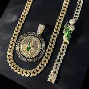 Diamond-encrusted death pendant necklace and bracelet set, gold Cuban chain, hip-hop religious fashion style for men and women. Stylish necklace.