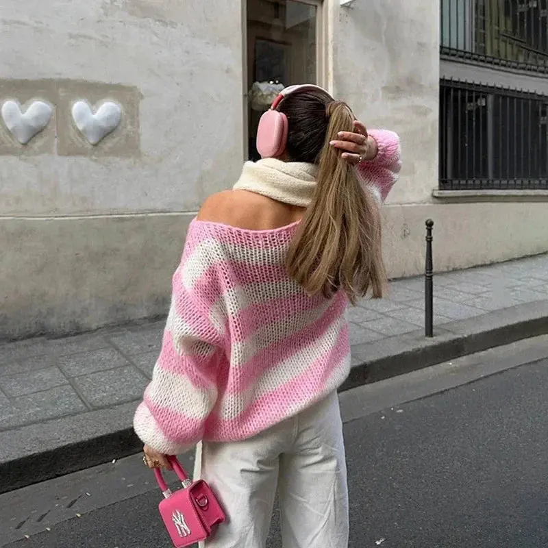 Isabelle Striped Sweater - Pink, Women's Oversized Knit Top - Fit