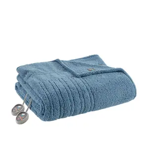 True North by Sleep Philosophy Full Faux Shearling Electric Blanket Blue: Machine Washable, Lightweight